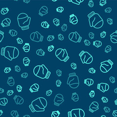Green line Christmas mitten icon isolated seamless pattern on blue background. Vector.