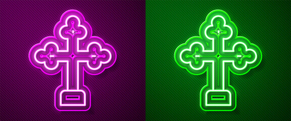 Glowing neon line Christian cross icon isolated on purple and green background. Church cross. Vector.