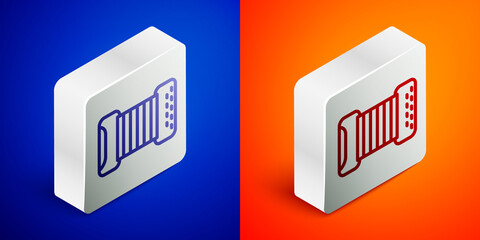 Isometric line Musical instrument accordion icon isolated on blue and orange background. Classical bayan, harmonic. Silver square button. Vector.