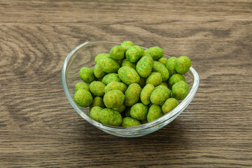 Spicy wasabi peanuts in the bowl