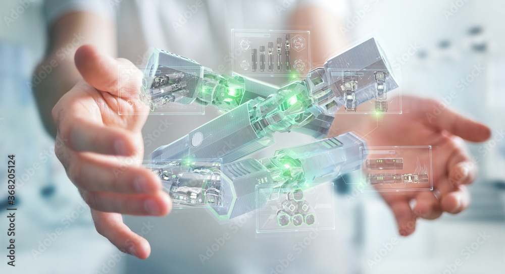 Poster man holding and touching green renewable energy battery 3d rendering