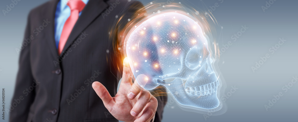 Poster Man using digital x-ray skull holographic scan projection 3D rendering