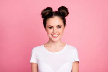 Close-up portrait of her she nice-looking attractive pretty lovable cheerful cheery content sweet cute girl isolated over pink pastel color background