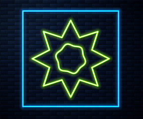 Obraz premium Glowing neon line Sun icon isolated on brick wall background. Summer symbol. Good sunny day. Vector.