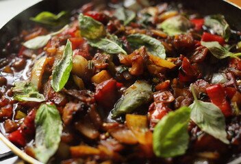 Healthy food vegetables are fried in a pan Tomato eggplant onion pepper zucchini