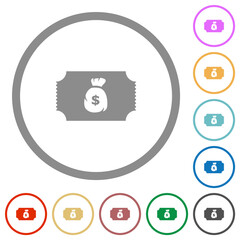 Ticket with dollar bag flat icons with outlines