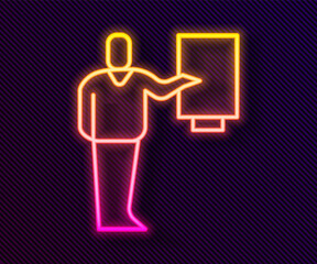Glowing neon line Museum guide icon isolated on black background. Vector.