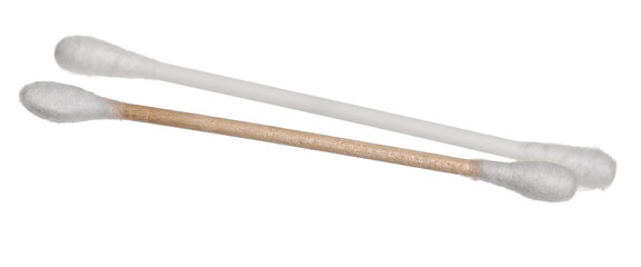 Wooden and plastic cotton swab, bud for ear cleaning, hygiene product isolated on white background with clipping path 