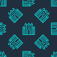 Green line Milan Cathedral or Duomo di Milano icon isolated seamless pattern on blue background. Famous landmark of Milan, Italy. Vector.