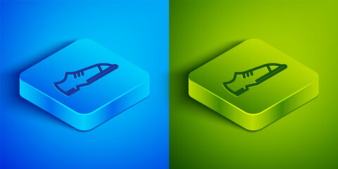 Isometric line Men shoes icon isolated on blue and green background. Square button. Vector.