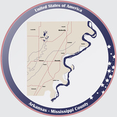 Round button with detailed map of Mississippi County in Arkansas, USA.