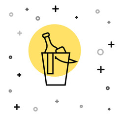 Black line Bottle of wine in an ice bucket icon isolated on white background. Random dynamic shapes. Vector.