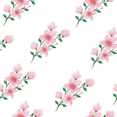 Fototapeta premium cherry blossom branch seamless pattern, watercolor sakura blooms illustration for fabric, backgrounds or wrapping, vintage floral textile design