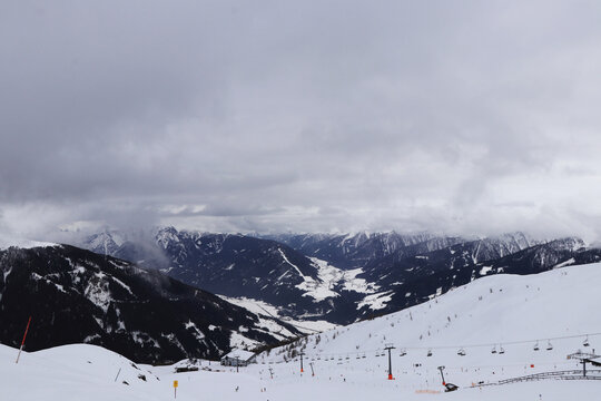 Skizentrum Sillian Hochpustertal in dark atmosphere with heavy clouds. Sillian Ski Resort in Hochpustertal Valley in Tirol at the borders between austria and italy. Ideal for teaching young children