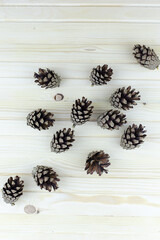 three fir cones, close-up. new year, holiday details.