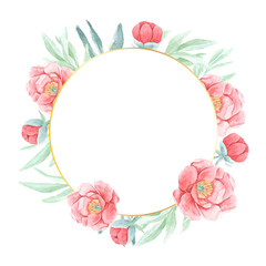 Fototapeta na wymiar watercolor red peony with round golden wreath frame isolated on white background with copy space