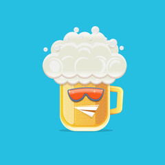 vector cartoon funky beer glass character with sunglasses isolated on blue background. Vector funny beer label or poster design template. International beer day cartoon comic poster or greeting banner