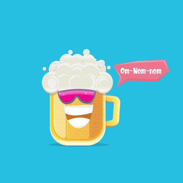 vector cartoon funky beer glass character with sunglasses isolated on blue background. Vector funny beer label or poster design template. International beer day cartoon comic poster or greeting banner