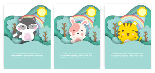 Baby shower cards with cute animals in the forest  paper cut style.