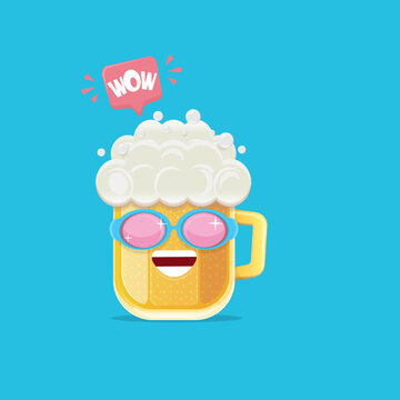 vector cartoon funky beer glass character with sunglasses isolated on blue background. Vector funny beer label or poster design template. International beer day cartoon comic poster or greeting banner