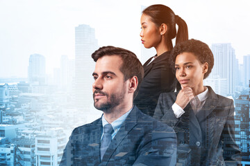 Group of three business partners in suits dreaming and looking for new opportunities to succeed....