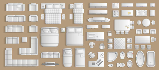 Icons set of interior. Furniture top view. Elements for the floor plan. (view from above). Furniture and elements for living room, bedroom, kitchen, bathroom, office. - 368207751