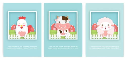 Fototapeta na wymiar Set of farm animals cards for birthday card and greeting card.