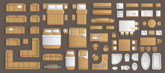 Icons set of interior. Furniture top view. Elements for the floor plan. (view from above). Furniture and elements for living room, bedroom, kitchen, bathroom, office. - 368207774