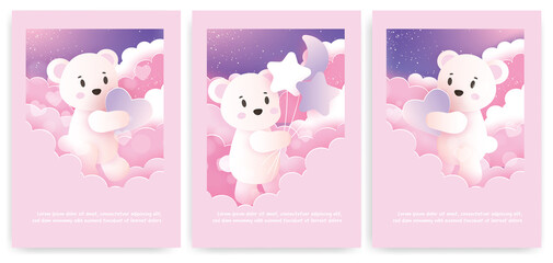 Set of greeting cards with cute teddy bear in pastel color.