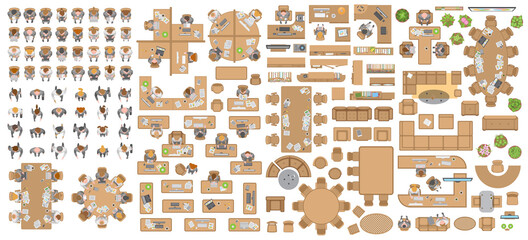 People at work and office furniture. (top view) Desks, chairs, cabinets, sofas, computers, conference room, reception. Men and women in different poses. (view from above) © Алексей Шпадарук
