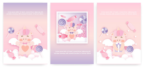 Set of baby shower cards with cute unicorn .