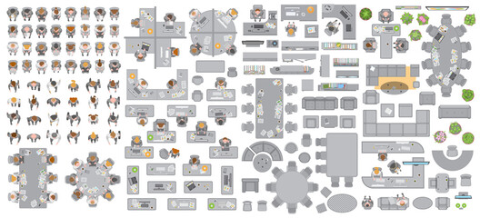 Vector set of office. People at work and office furniture. (top view) Desks, chairs, cabinets, sofas, computers, conference room, reception. Men and women in different poses. (view from above) - 368207964