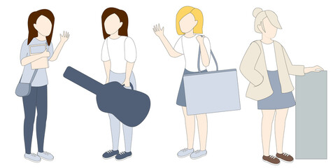 vector illustration of an artist with bag, singer with guitar, model standing for the artist paintings. Group of young women without faces. Flat illustration.