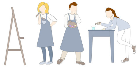 Vector illustartion of artists. Blonde girl with brush near easel, young man with pallete and young woman with brush on the table paint something. Peoples without faces. Flat illustration.