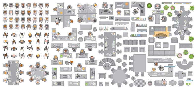Vector set of office. People at work and office furniture. (top view) Desks, chairs, cabinets, sofas, computers, conference room, reception. Men and women in different poses. (view from above)