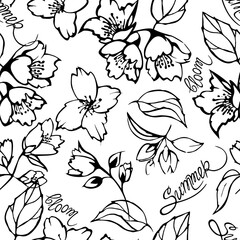 Seamless pattern with blossom flowers, leaves and lettering. Black outline on a white background.