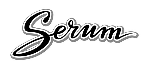 serum black lettering text; calligraphy for label, handwritten vector illustration; picture for web or print