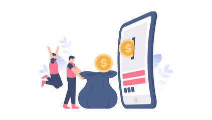 e-payment concept, loyalty program, collect points, get rewards. illustration of people getting coins coming out of a smartphone. flat design. can be used for elements, landing pages, UI, websites