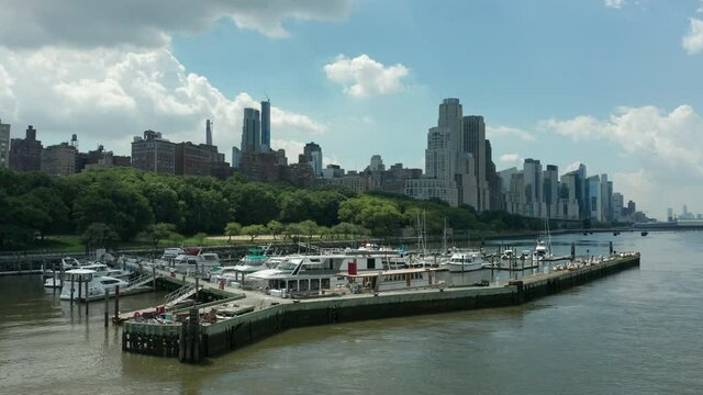 rising view of 79th St. Boat Basin on west side of Manhattan