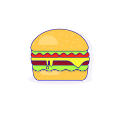 Burger isolated on white background. Sinle hamburger with tomatoes, cheese, salad and bacon. Logo, print, food icon, pictogram.