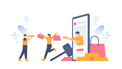 the concept of pawnshop and auction. illustration of people buying goods auctioned on the smartphone application. flat design. can be used for elements, landing pages, UI, websites