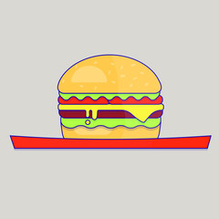 Single hamburger on red tablet isolated on grey background. Food icon. Simple design. Stock vector illustration. 