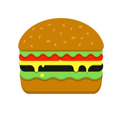 Burger isolated on white background. Sinle hamburger with tomatoes, cheese, salad and bacon. Logo, print, food icon, pictogram.