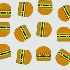 Fast food pattern on grey background. Classsic burger with salat, cheese, tomatoes and meat.