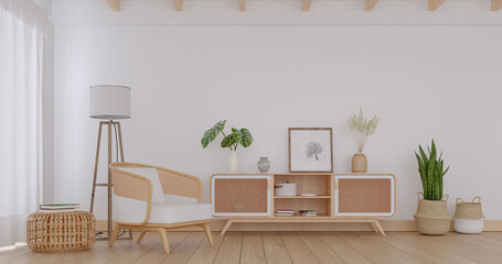 White living room with rattan furniture and stylish decoration, 3d rendering  - obrazy, fototapety, plakaty