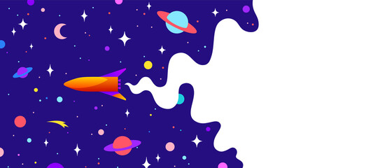 Universe. Motivation banner with universe cloud, dark cosmos, planet, stars and rocket spaceship. Banner template with universe starry dark night dream background. Vector Illustration © foxysgraphic