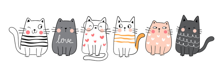 Draw collection funny cute cat.Doodle cartoon style.