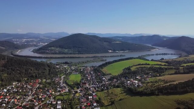 Aerial view of Vag river meander, near Nimnica spa village, Slovakia