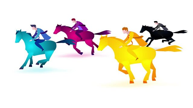 CMYK riders cartoon version 1. Four businessmen riding colour vector horses. Business people. Animation good for business metaphor of printing process. Wector style illustration of idea.