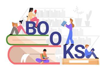 Read books concept vector illustration. Cartoon flat woman man booklover student people sitting on pile of books, young tiny characters reading science or adventure story literature isolated on white